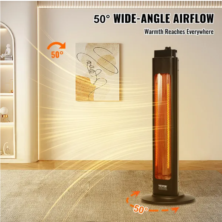 VEVOR Infrared Heater, 1500W Oscillation Electric Space Heater, Patio Heater W 2 Speeds  Timer, Outdoor Outdoor For Bedroom,Studio,Porch,Dining Room,Studio, Stand,31.5 In L, Black