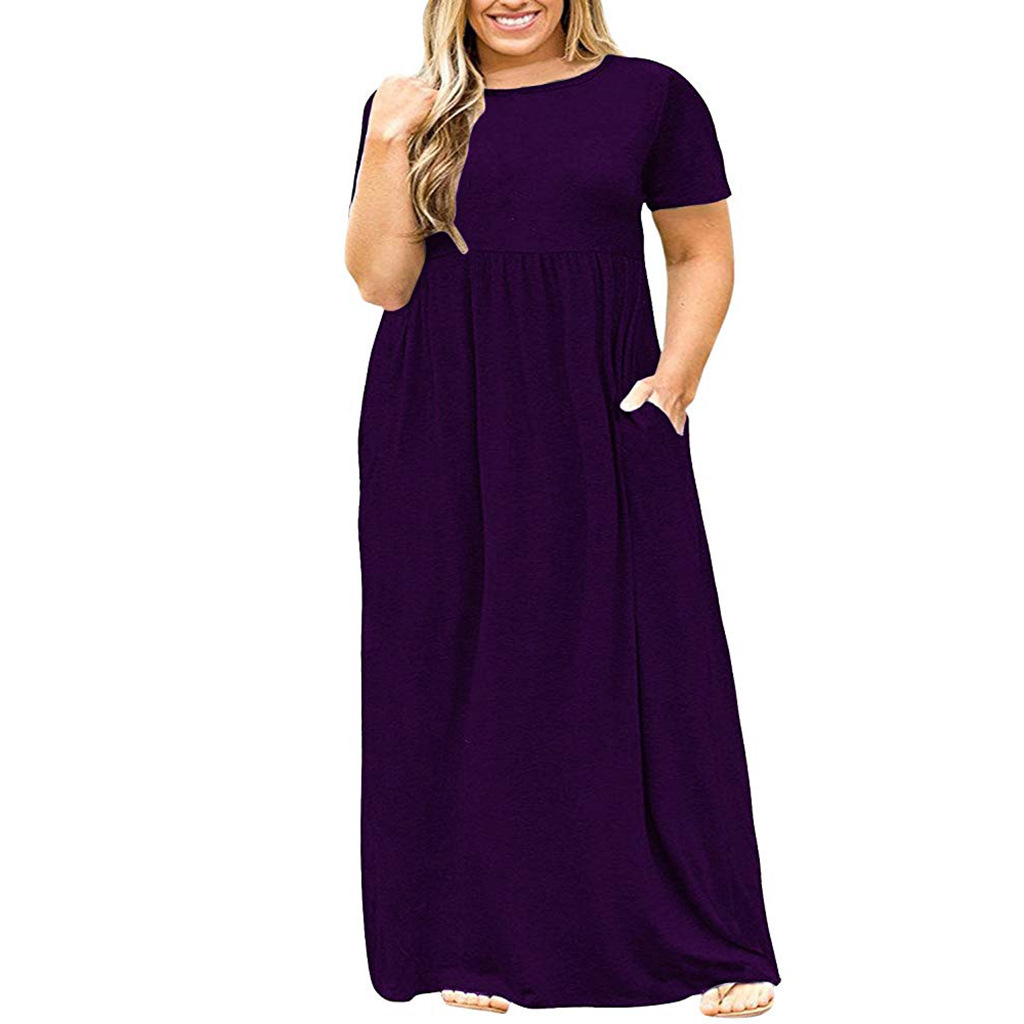 Short Sleeve Round Neck Solid Color Dress Purple - Shop at LoveMi