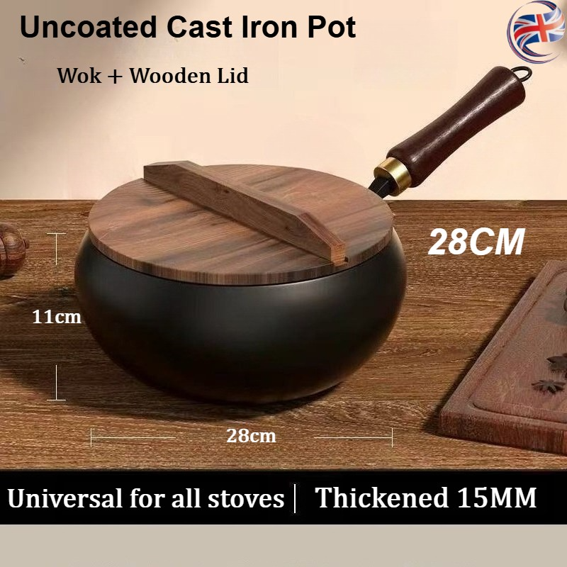 28CM Cast Iron Pot Cooking Wok Wooden Lid Handle Anti-Splatter Pan Soup Stock — image 11