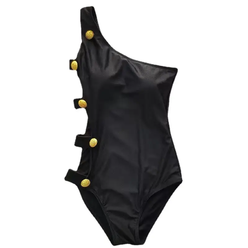One-Shoulder Cutout One-Piece Swimsuit with Decorative Buttons