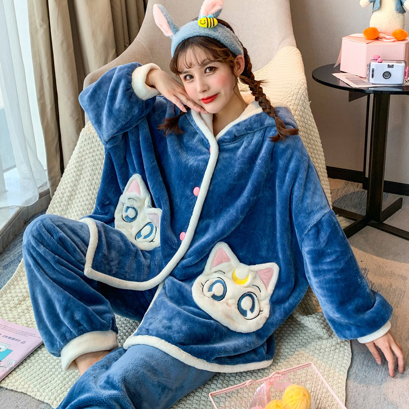 Title 6, Women Winter Cartoon Thick Flannel Home Pajamas