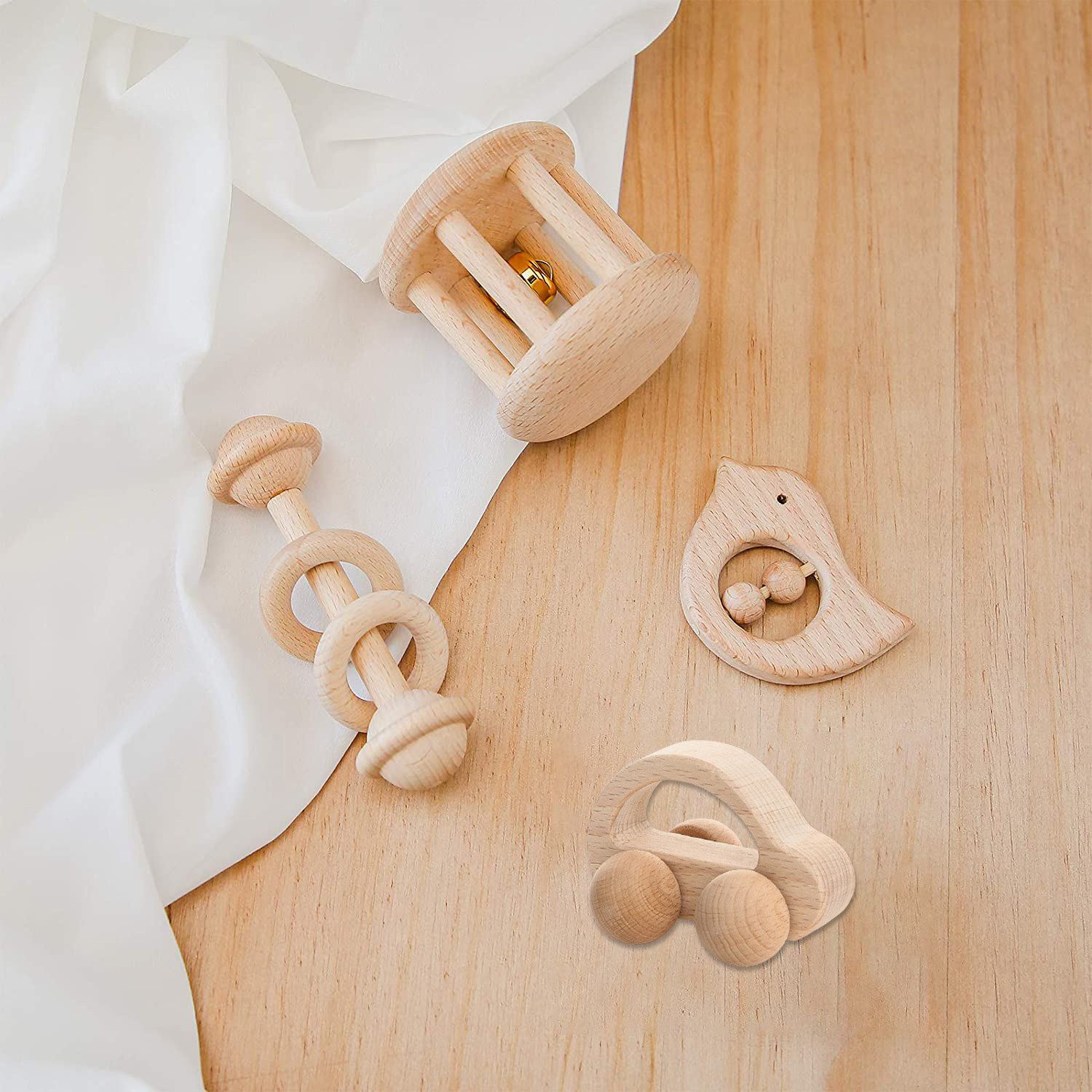 Natural Wooden Baby Rattle and Car Toy Set for Intellectual Development - MAMTASTIC