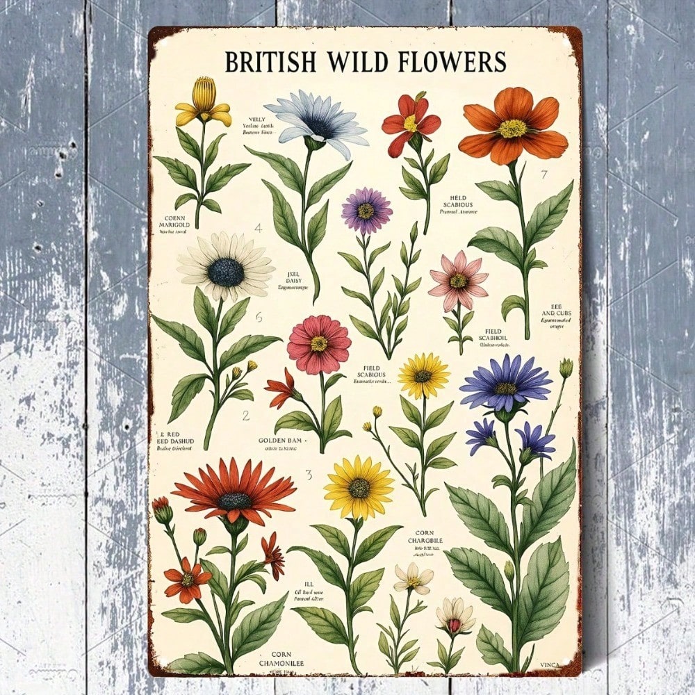Vintage British Wild Flowers Iron Sign 8x12, Retro Floral Metal Plaque Art
