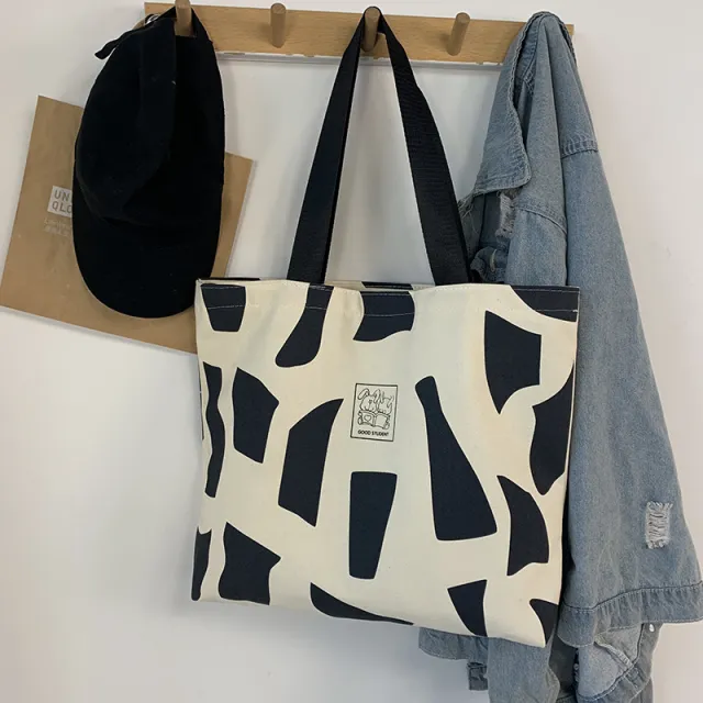Ins Korean Style With Zip Literary Design Tote Canvas Bag Black - Shop at LoveMi