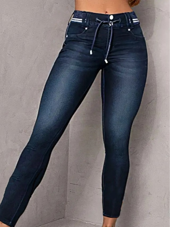 Athleisure Style Skinny Jeans For Women, Mid Rise Pull On Denim With A Sporty Drawstring Waist, Butt Lifting Dark Wash Jeggings Navy - Shop at LoveMi