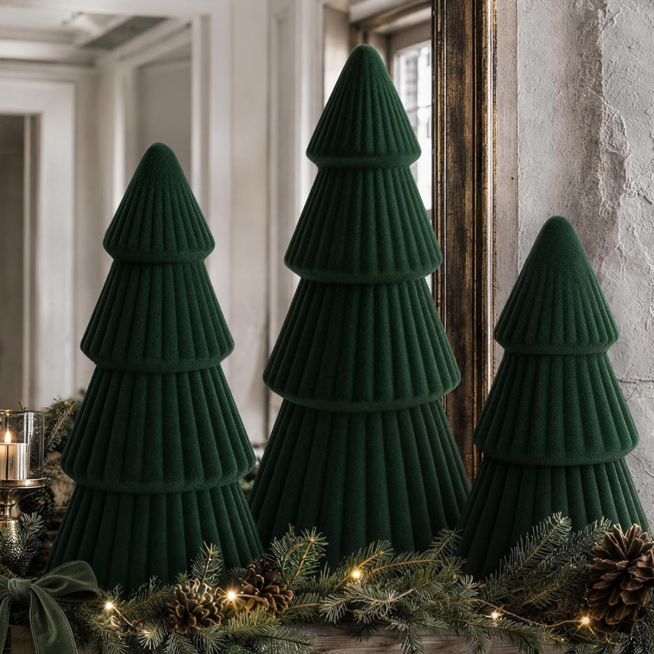 Christmas Decorations Set Of 3 Velvet Ceramic Christmas Trees Green
