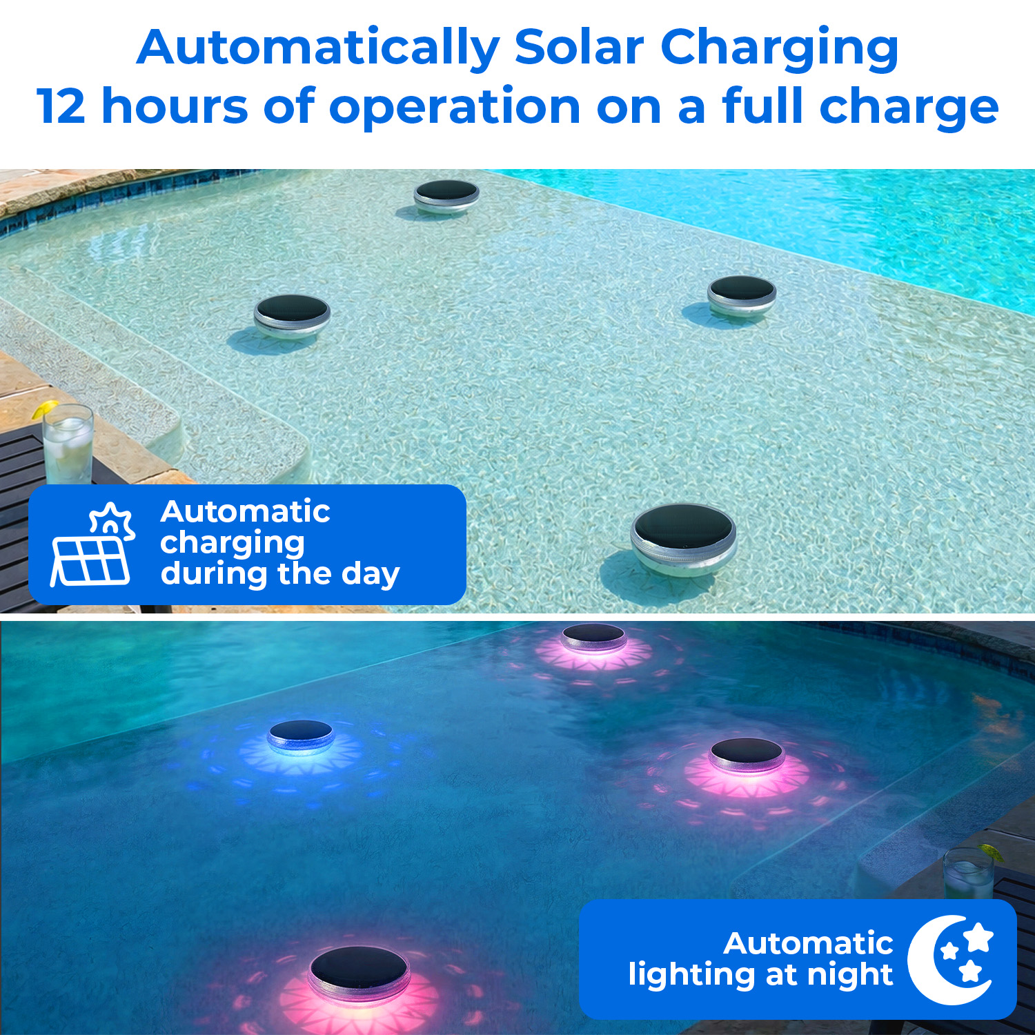 Solar Rechargeable Floating Pool Lights-2 Pack, Pool Lights That Float With Remote Control, 9 Lighting, Timing Mode, IPX7 Waterproof For Inground Pool, Bathroom, Bathtub, Pool Party — foto 5