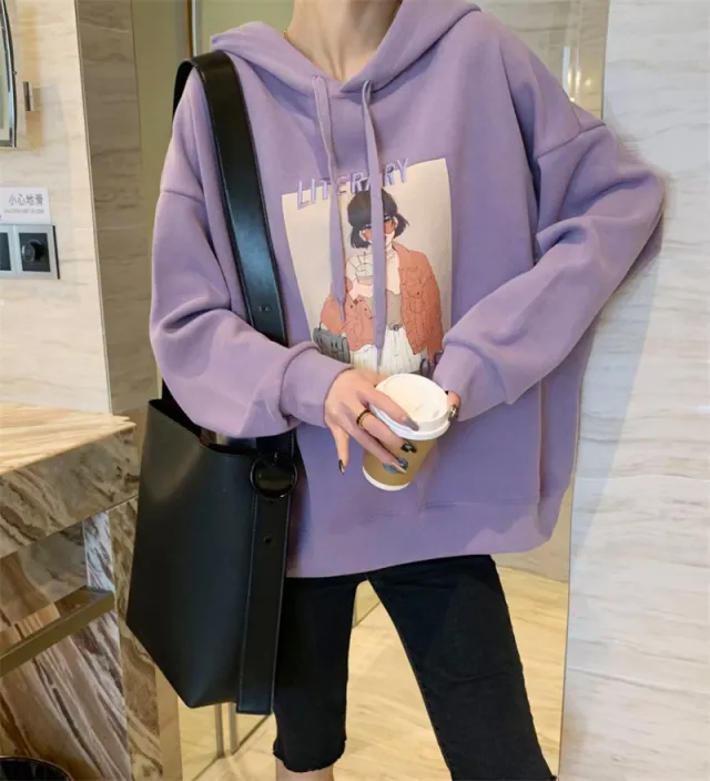 Loose Casual Thick Embroidered Cartoon Hooded Sweater Women Purple - Shop at LoveMi
