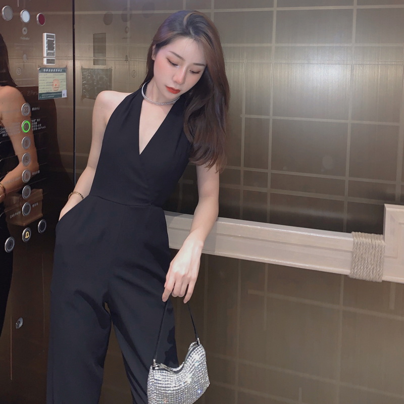 Temperament High-waisted Draped Black Neck Jumpsuit - Image 6