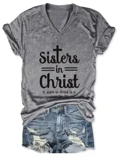 Women's Digital Printed Cotton-like V-neck T Shirt - Grey - View 1