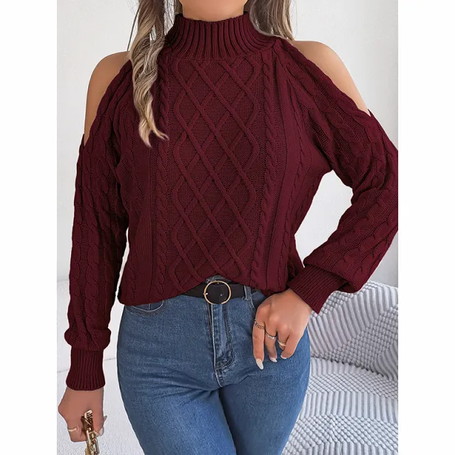 Women's Cold Shoulder Pullover High Neck Long Sleeve Lightweight Sweater Top Wine Red - Shop at LoveMi