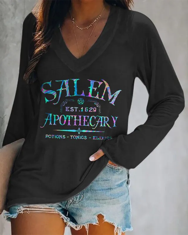 Fashion V Neck Print Loose Long Sleeve T Shirt T - Shop at LoveMi