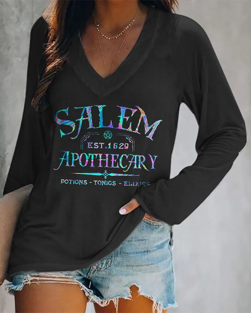 Fashion V-Neck Print Loose Long Sleeve T-Shirt - T