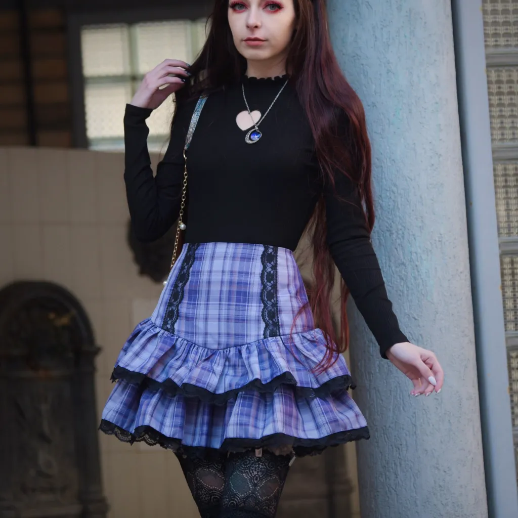 Lace Plaid High Waisted Pleated Skirt - Purple