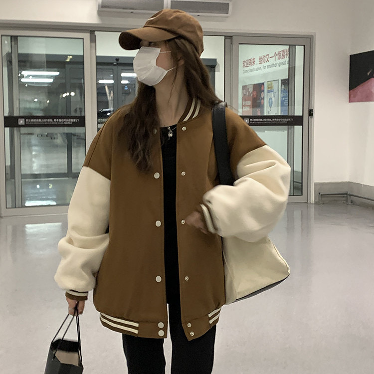 Retro Loose Thickened Baseball Jacket Autumn And Winter Plus Velvet Sweater Jacket Women's Clothing