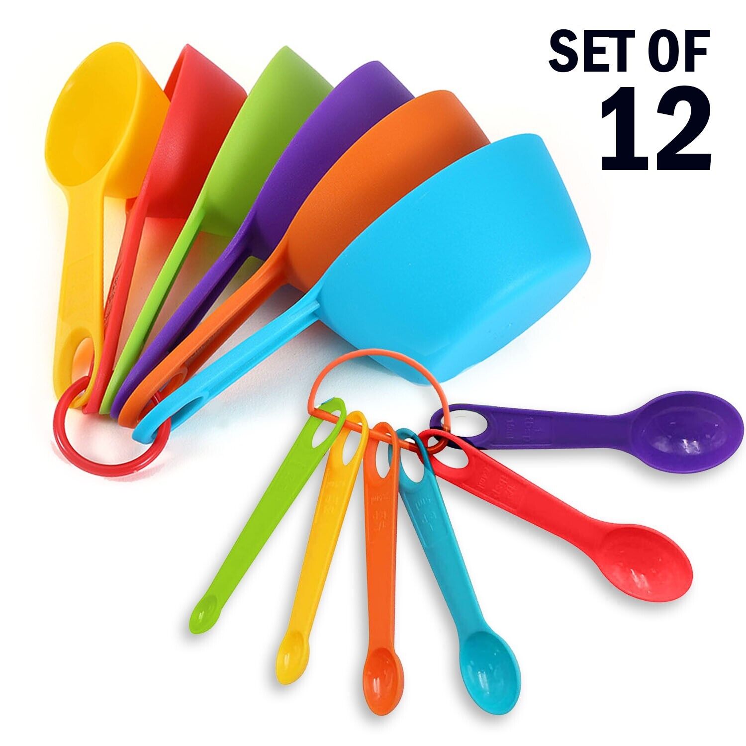 6 Measuring Spoons and 6 Cups Set. we ship only inside the US, USPS First Class Package 2 Day Handling , 2-5 Day Shipping. 12-Piece Plastic Measuring Cups and Spoons Set Great for Baking and Cooking 12 Piece Measuring Cups and Spoons Set, Colored Kitchen 