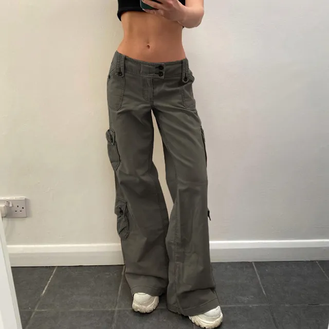 Low Rise Multi Pocket Pressed Loose Cargo Pants Grey - Shop at LoveMi