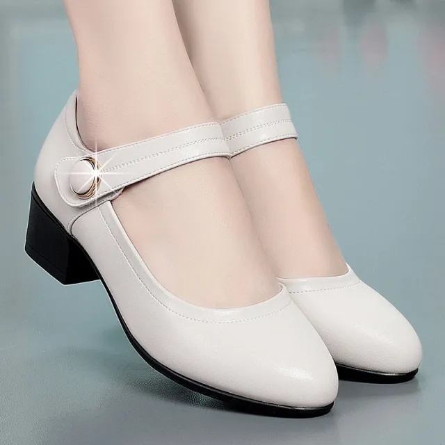 Shallow Mouth Flat Buckle Thick Heel Single Shoes Round Toe Beige - Shop at LoveMi