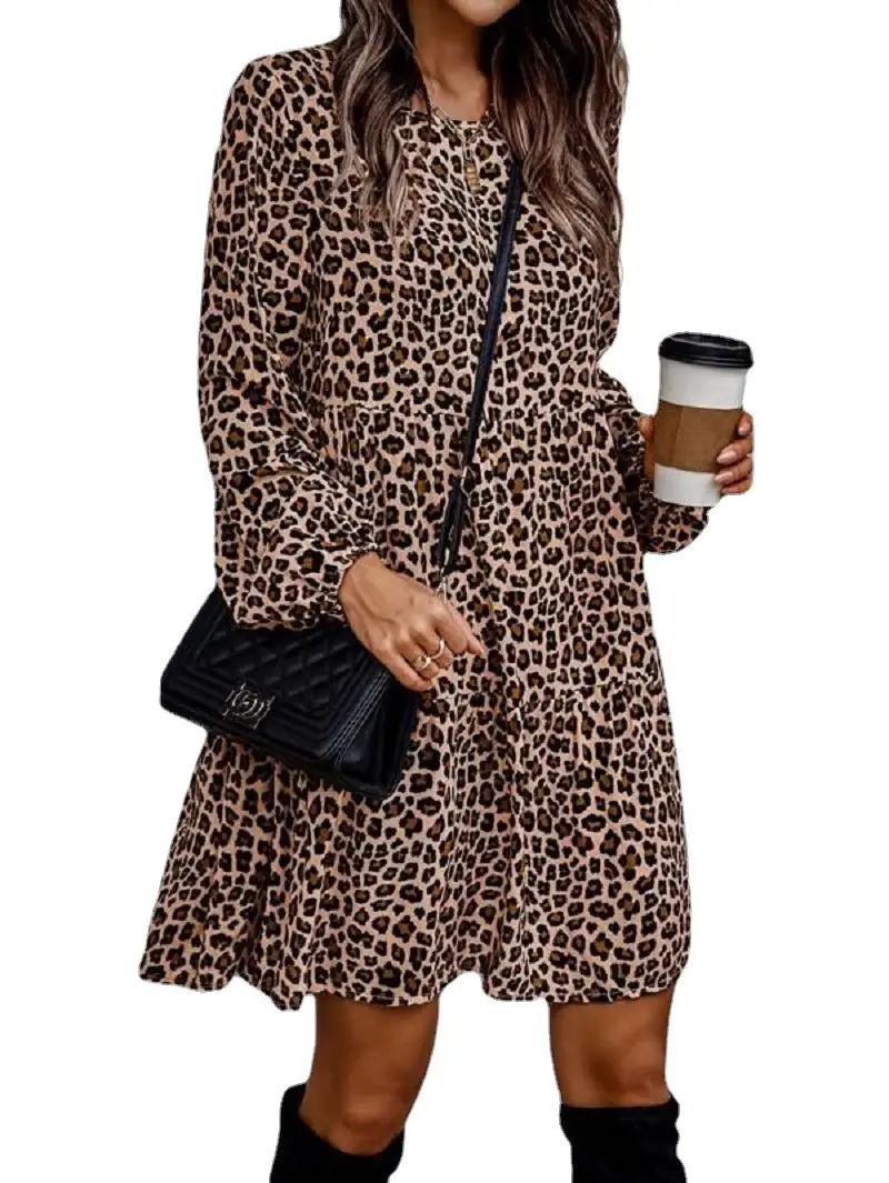 Printed Round Neck Long Sleeve Leopard Print Dress