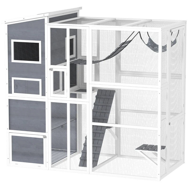 Large Wooden Catio Outdoor, Cat Enclosure W 4 Tier Resting Rooms, 3 Platforms, 1 Soft Ladder, 2 Ramps, 1 Hammock, Gray