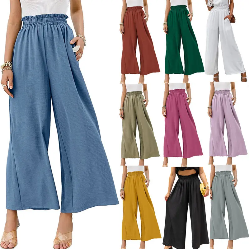 Women Trousers Solid Color Wide Leg High Waist Pants