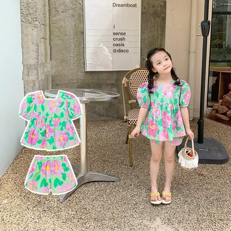 New Girls' Large Flower Doll Shirt And Shorts Two-piece Set Cute Suit