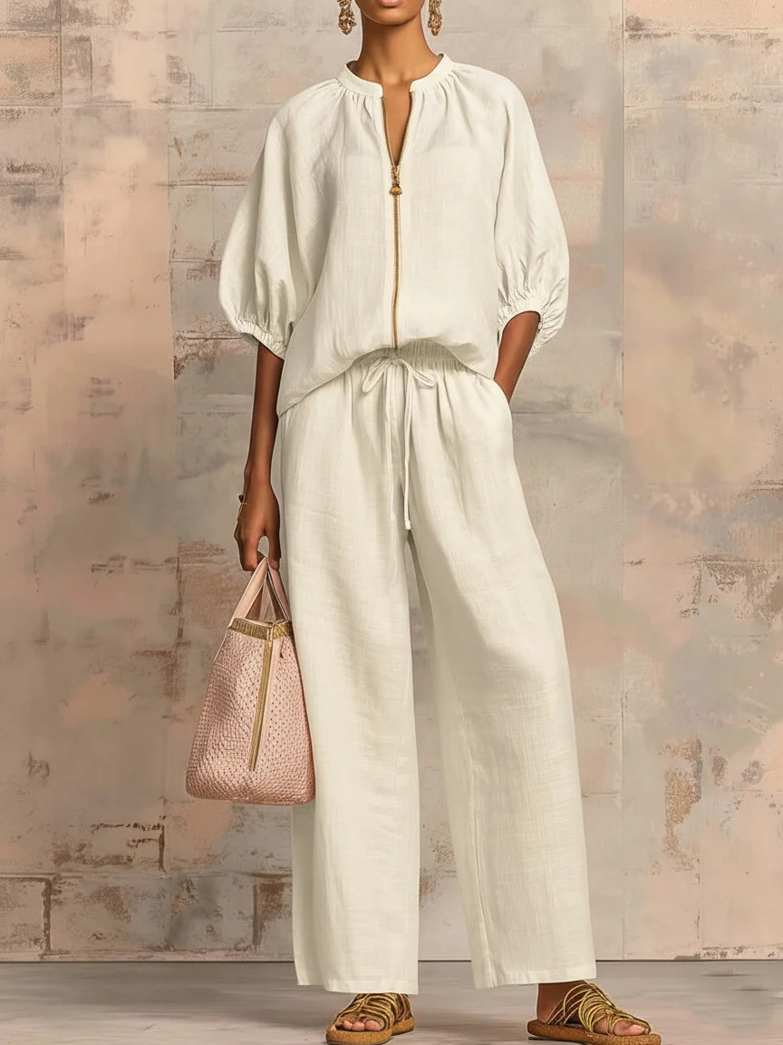 Casual Solid Color Zipper Crew Neck Wide Leg Pants Set Women