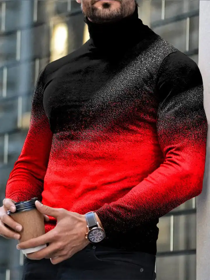 Autumn Winter Men's Long Sleeve Turtleneck T Shirt Printed Casual Top