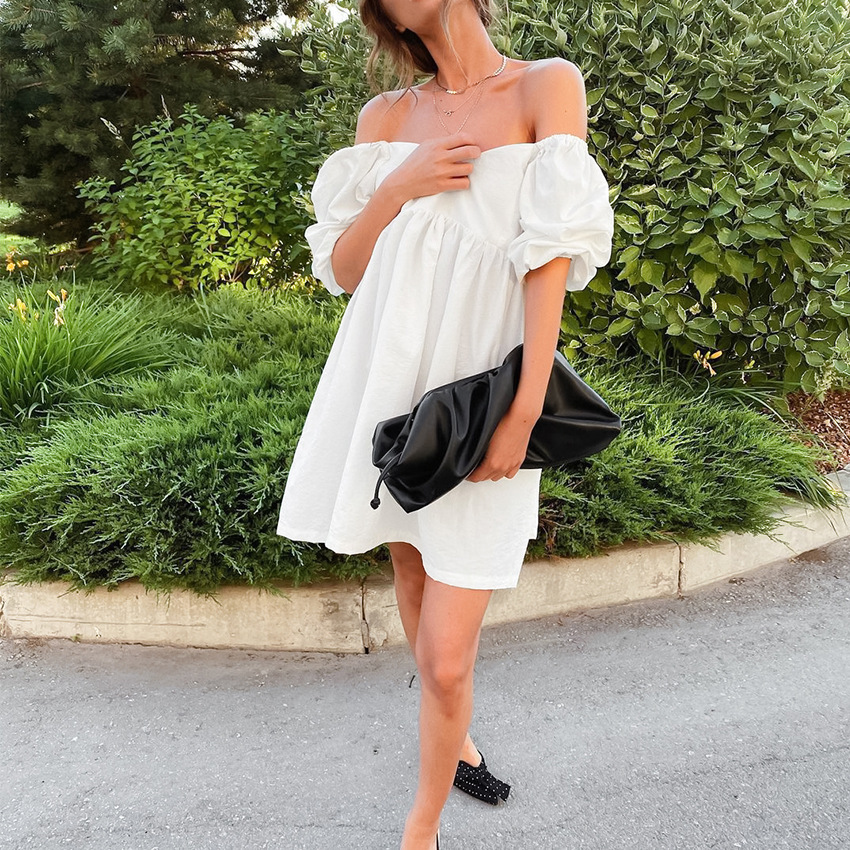Deep V Off Shoulder High Waist Bubble Sleeve Dress
