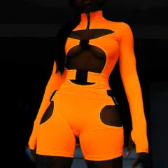 Spring Women's Shorts Fluorescent Green School Bag Button Long-sleeved Jumpsuit - Fluorescent Orange - View 1