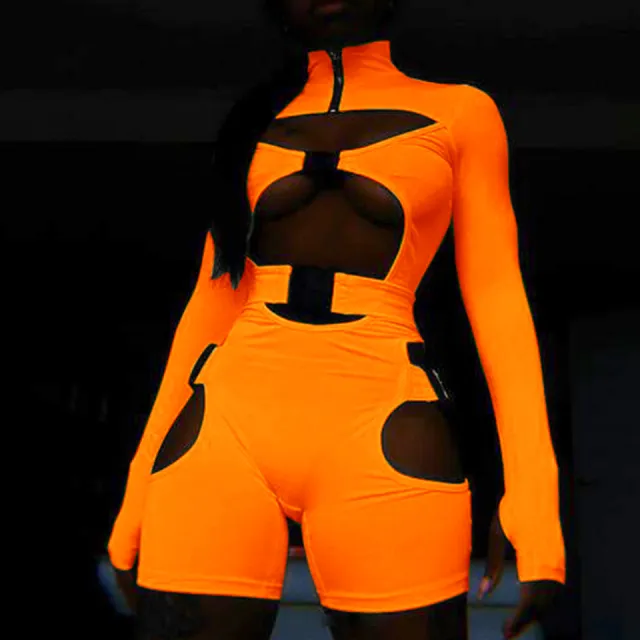 Spring Women's Shorts Fluorescent Green School Bag Button Long sleeved Jumpsuit Fluorescent Orange - Shop at LoveMi