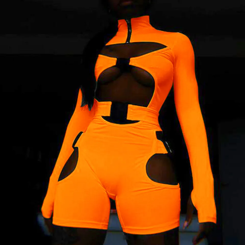 Spring Women's Shorts Fluorescent Green School Bag Button Long-sleeved Jumpsuit - Fluorescent Orange