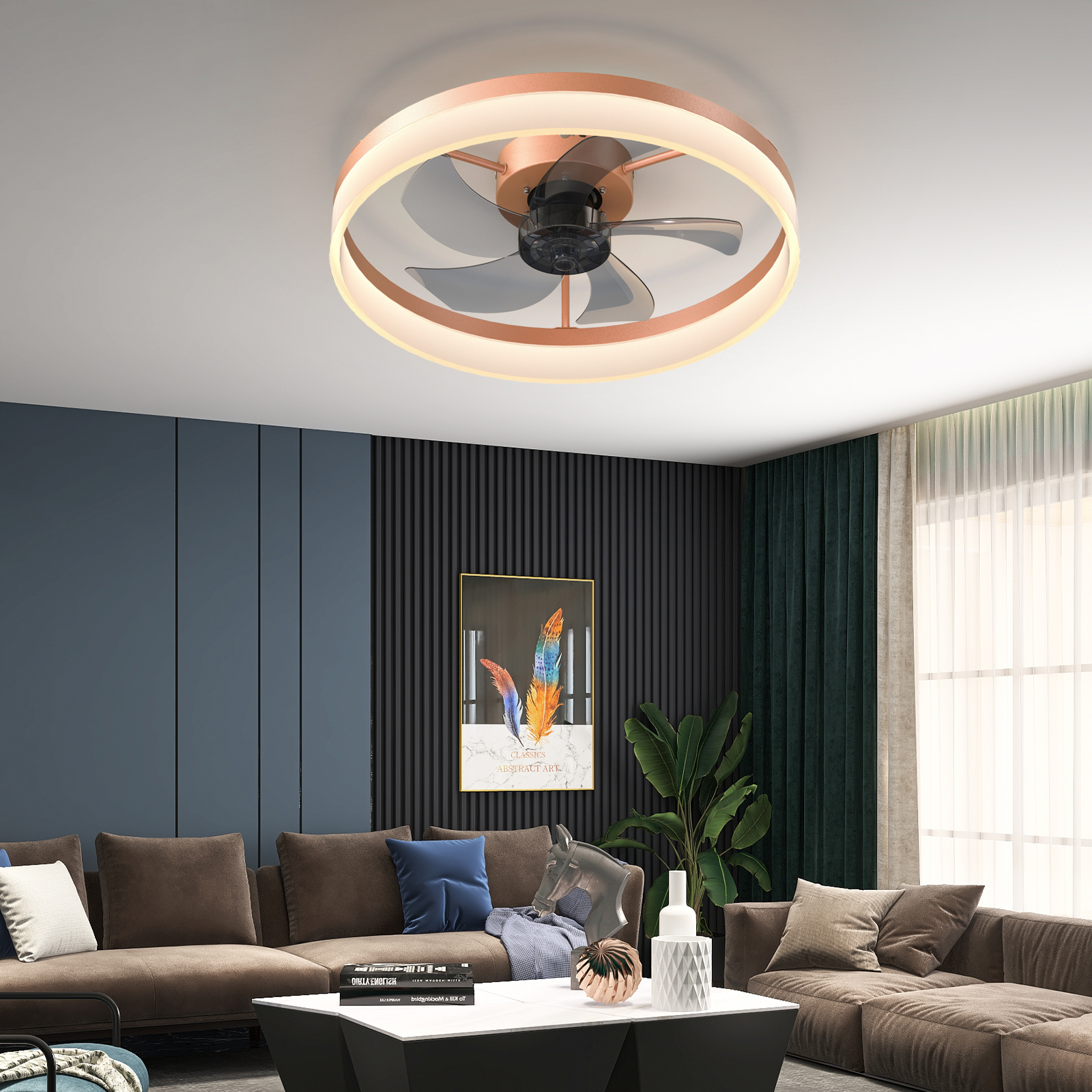 Ceiling Fans With Lights Dimmable LED Embedded Installation Of Thin Modern Ceiling Fans,Rose Gold