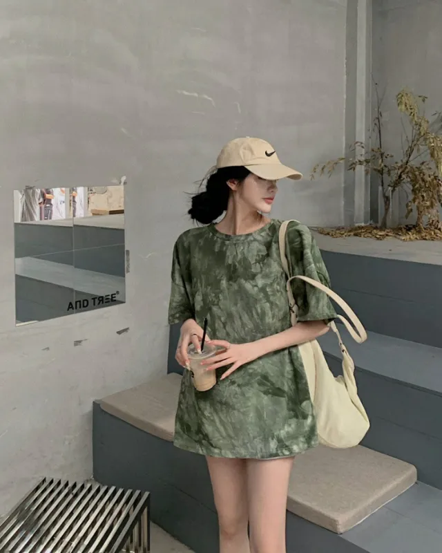 Open back Design Short sleeved T shirt Tie dye Loose Green - Shop at LoveMi