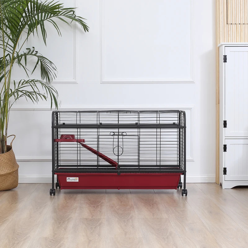 PawHut 41L Small Animal Cage, Pet Play House For Rabbit Hutch Ferret With Feeder, Rolling Wheels, Platform, Ramp
