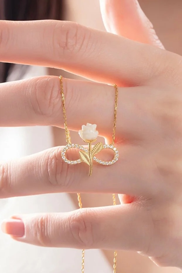 925 Sterling Silver Gold Plated White Rose Infinity Necklace With Zircon Stone