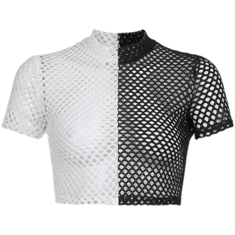 Title 5, Black And White Color Block Mesh Round Neck Top...