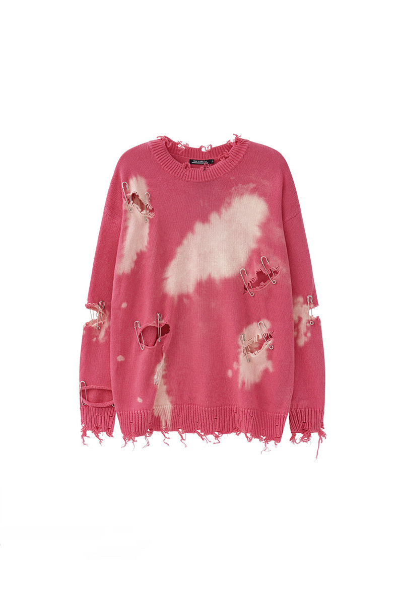 Tie-dye Raw Edge Ripped Pin Round Neck Loose Knitted Sweater Men's