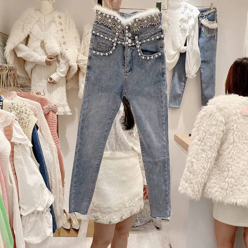 High Rise Single Breasted Jeans With Beads And Wool Stitching - Wathet