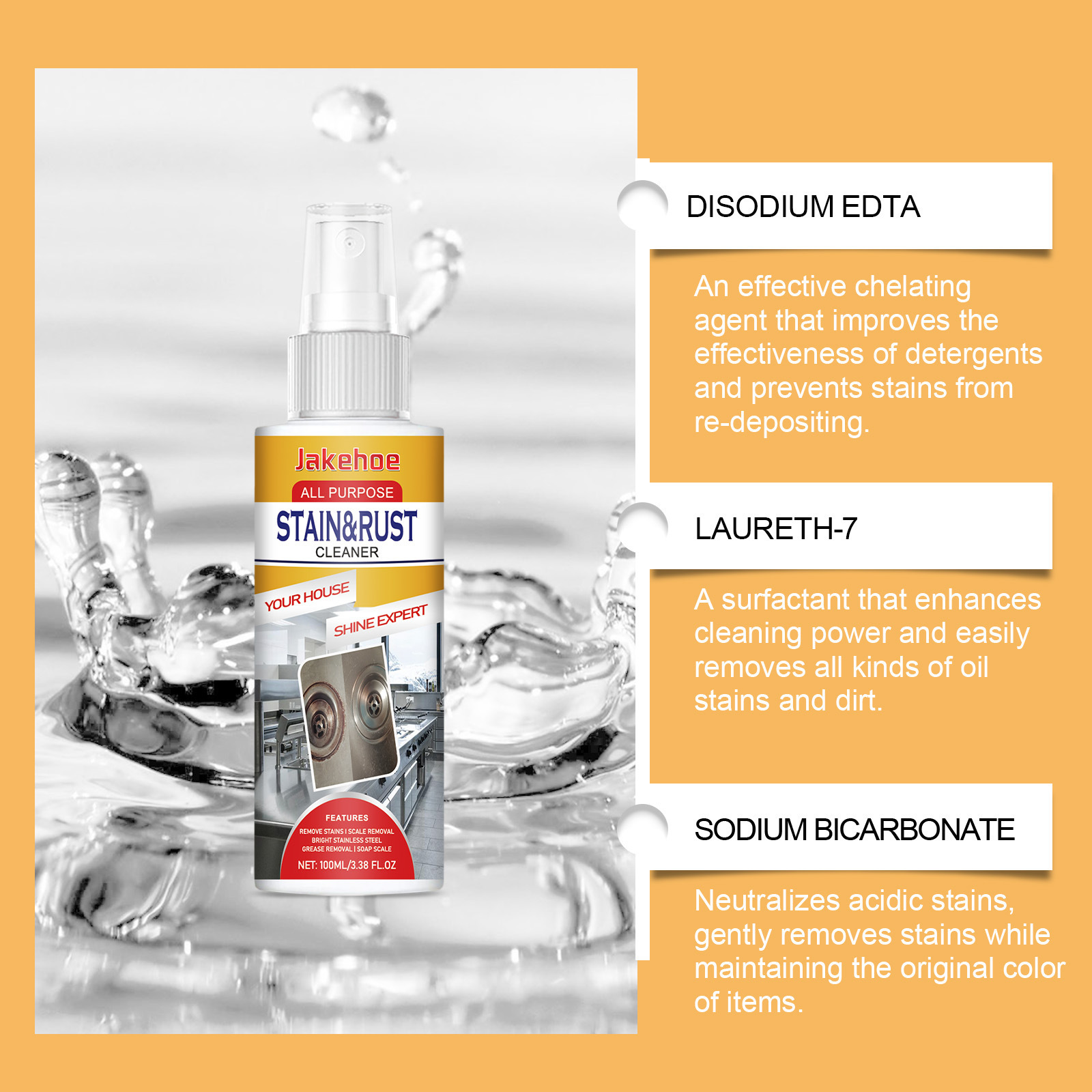 Jakehoe Multi-Purpose Stain Cleaner, Deep Cleaning For Households, Degreasing And Stain Removal, Kitchen And Bathroom Cleaner