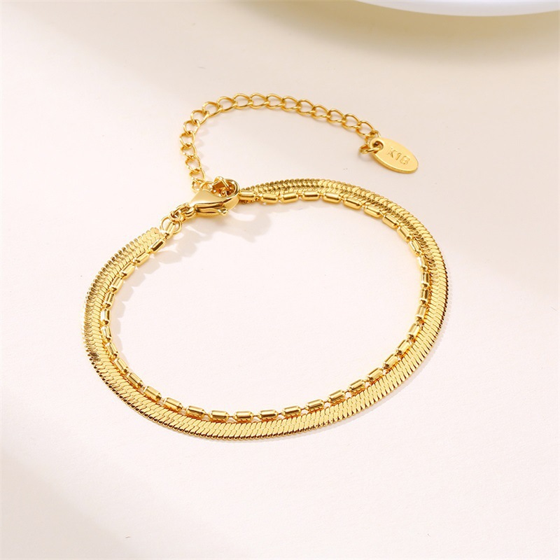 Double Flat Snake Bead Bracelet Stainless Steel Bamboo Link Chain