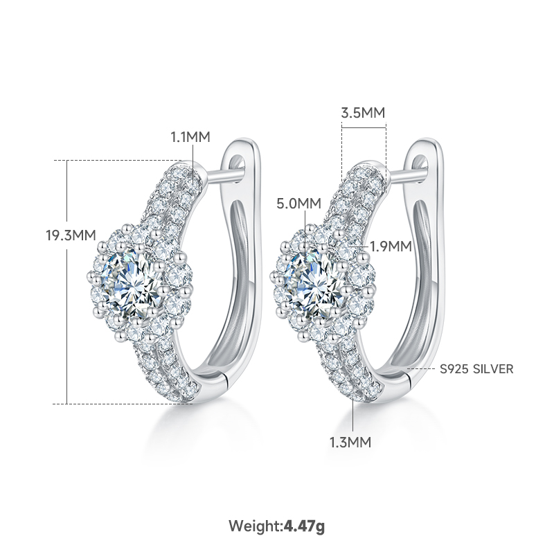 5.4g S925 Sterling Silver 5mm Moissanite Halo Hoop Earrings  Pave Huggie Hoops With GRA Certificate, Platinum Plated Jewelry Gift Box Set For Women