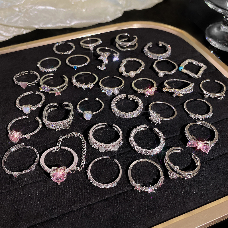 1PCS Ins Style Silver Zircon Ring For Women, Light Luxury Minimalist Design, Adjustable Open Band, Versatile Elegant Jewelry