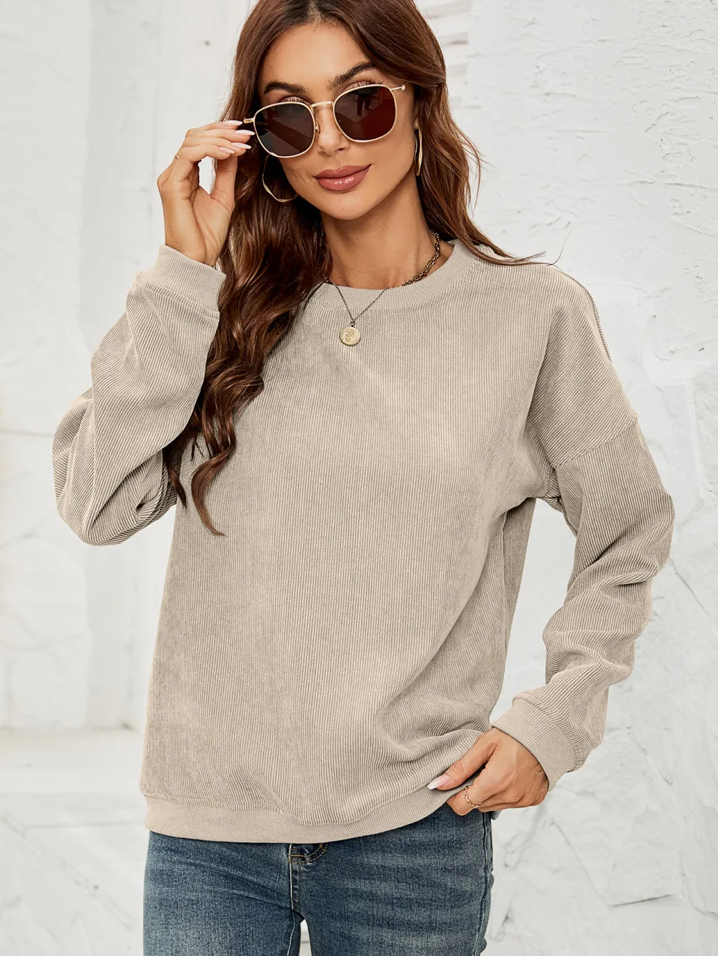 Corduroy Pullover Sweatshirt Casual Fashion Solid Round Neck Long-sleeved Tops Spring And Autumn Clothing For Women - Apricot