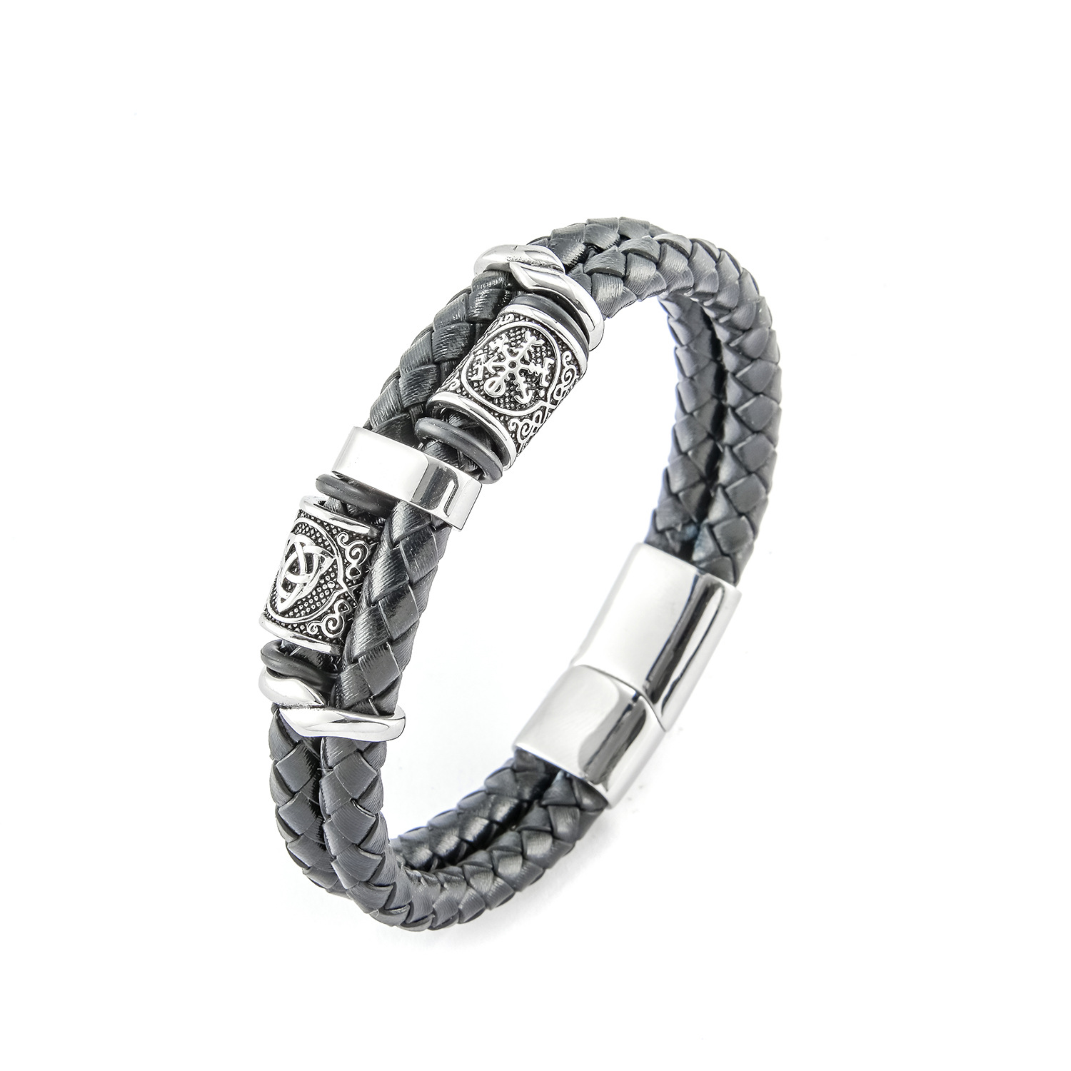 Men's Leather Braided Stainless Steel Leather Cord Bracelet