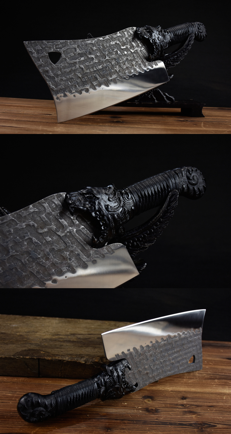 سكين تقطيع بعظمه رأس نمر ومقبض مستدير