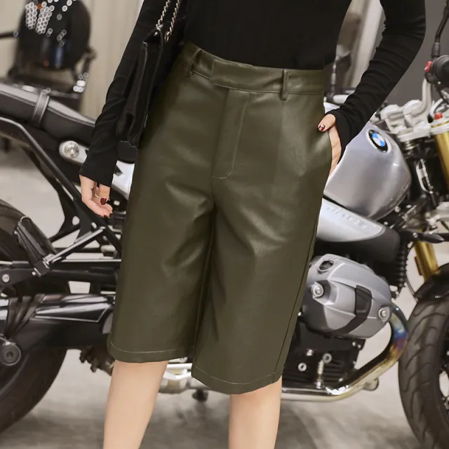 Five point Leather Pants Women Fashion Pants Korean Version Army Green - Shop at LoveMi