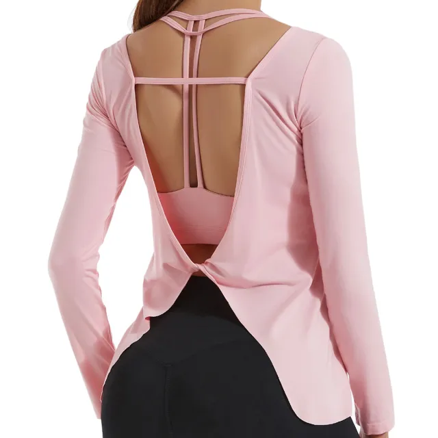 Yoga Clothes Women's Beautiful Back Fitness Clothes Running Loose Breathable Long Sleeves Pink - Shop at LoveMi