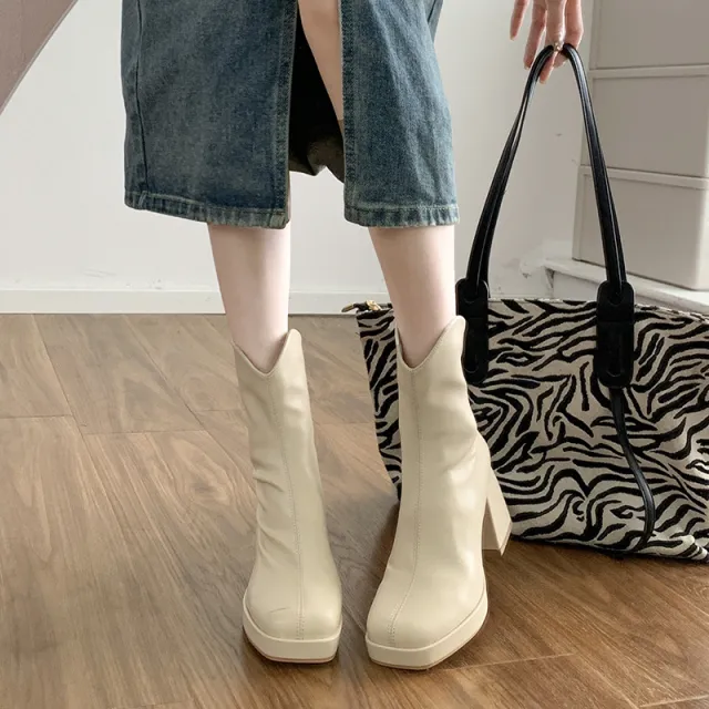 High Heel Back Zip Ankle Boots Chunky Heel Square Toe Beige - Shop at LoveMi