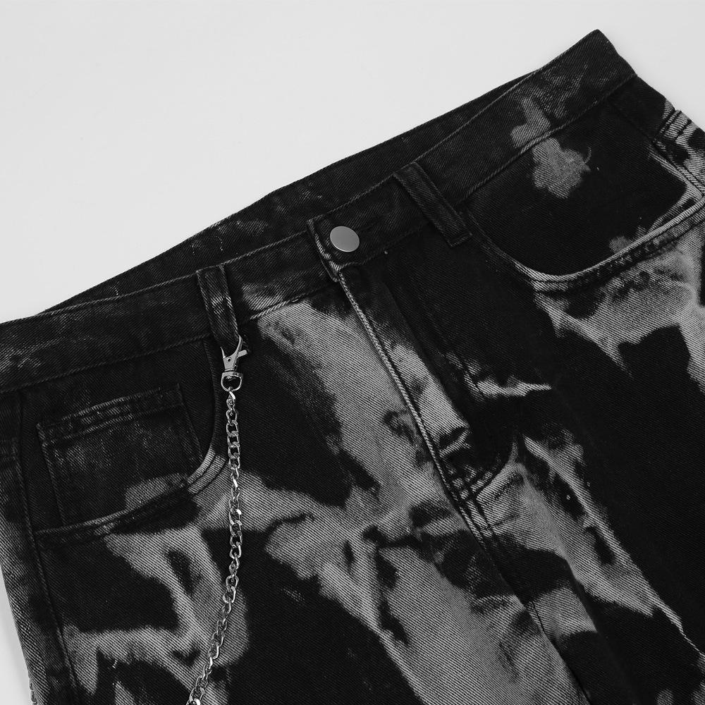 Chain Decoration Tie-dye Distressed Old Jeans Men's High Street Fashion Brand Loose Straight